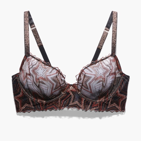 New Savage x Fenty Shining Star Embroidered Unlined Henna Red Star Demi Bra - Picture 5 of 7